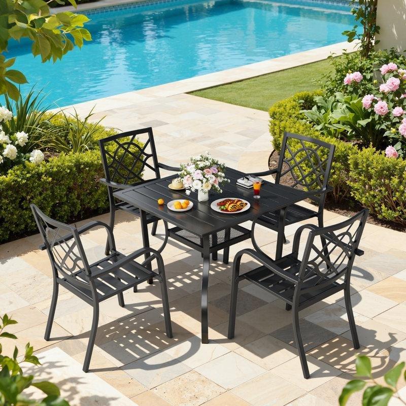 Siyah Ferforje Şemsiye Delikli 4 Kişilik Bahçe Yemek Takımı - 94x94 cm - 145971