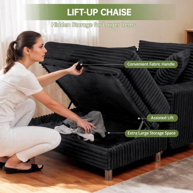 Siyah Fitilli Kadife Tek Kollu Sandıklı Yatak Olan Geniş Koltuk - 114 cm - 156451