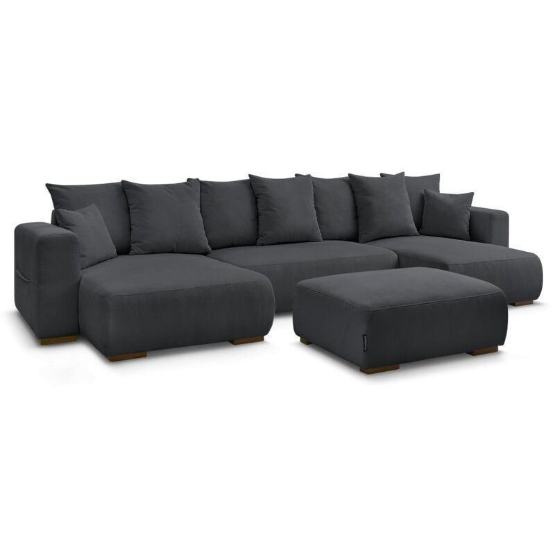 Siyah Fitilli Kadife Yataklı Sandıklı Puflu Yönü Değiştirilebilir Panoramik Köşe Koltuk - 383x151 cm - 153914