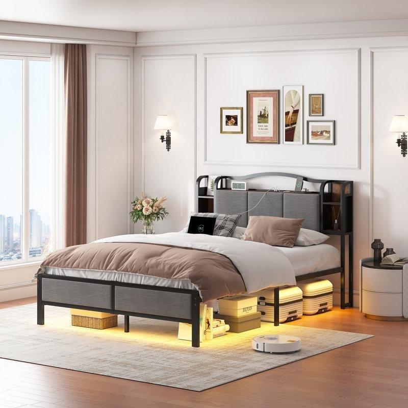 Siyah Gri Metal ve Keten Döşemeli LED Aydınlatmalı Şarj İstasyonlu Raflı Karyola - 137x206 cm - 142177