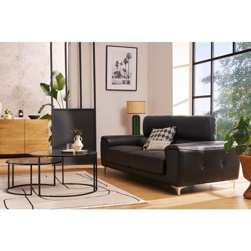 Siyah Hakiki Deri Ayarlanabilir Başlıklı Krom Çelik Ayaklı Üçlü Koltuk - 210 cm - 152958