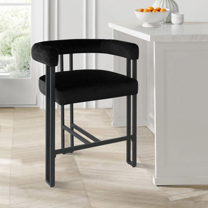 Siyah Kadife Döşemeli Wishbone Sırtlı Metal Bar Sandalyesi - 61 cm - 147888