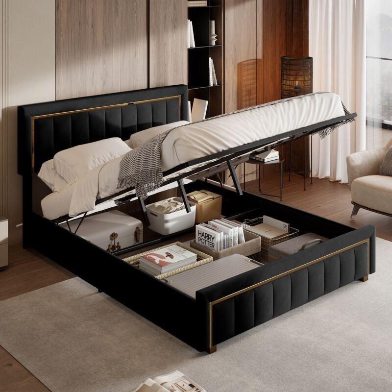 Siyah Kadife Gold Detaylı Hidrolik Sandıklı Kapitoneli Baza - 140x200 cm - 144037
