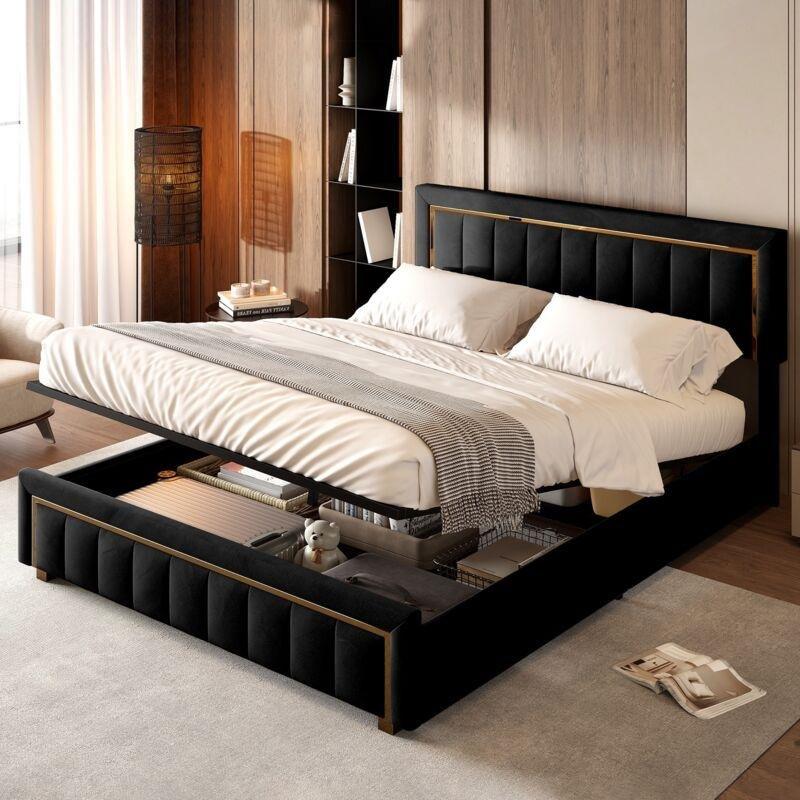 Siyah Kadife Gold Detaylı Hidrolik Sandıklı Kapitoneli Baza - 140x200 cm - 144037