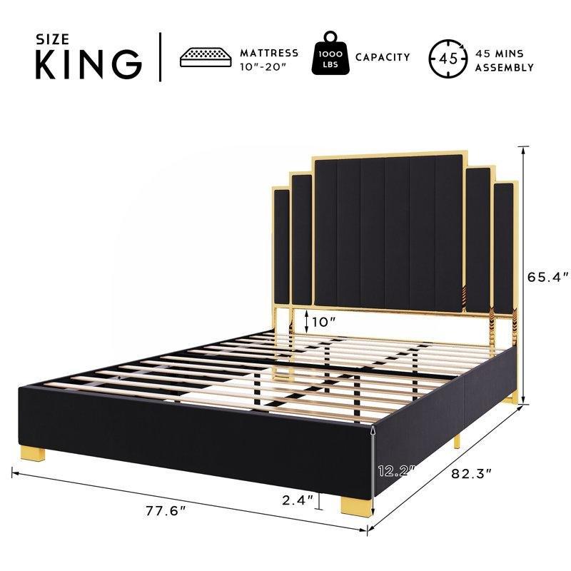 Siyah Kadife Gold Detaylı Kapitoneli Paslanmaz Çelik Platform Karyola - 143257