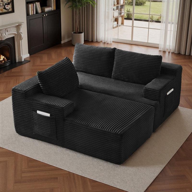 Siyah Kadife Kumaş Modüler L Şekilli Şezlonglu Koltuk - 244 cm - 151807