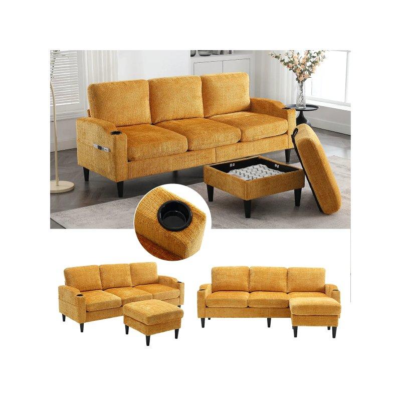 Siyah Kadife Sandıklı ve Puflu 4 Kişilik Koltuk - 197x75x77 cm - 155452