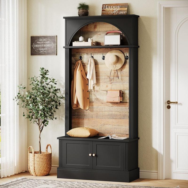 Siyah Kahverengi MDF Kemerli Tasarım Oturaklı ve Dolaplı Portmanto Vestiyer - 80 cm - 159883