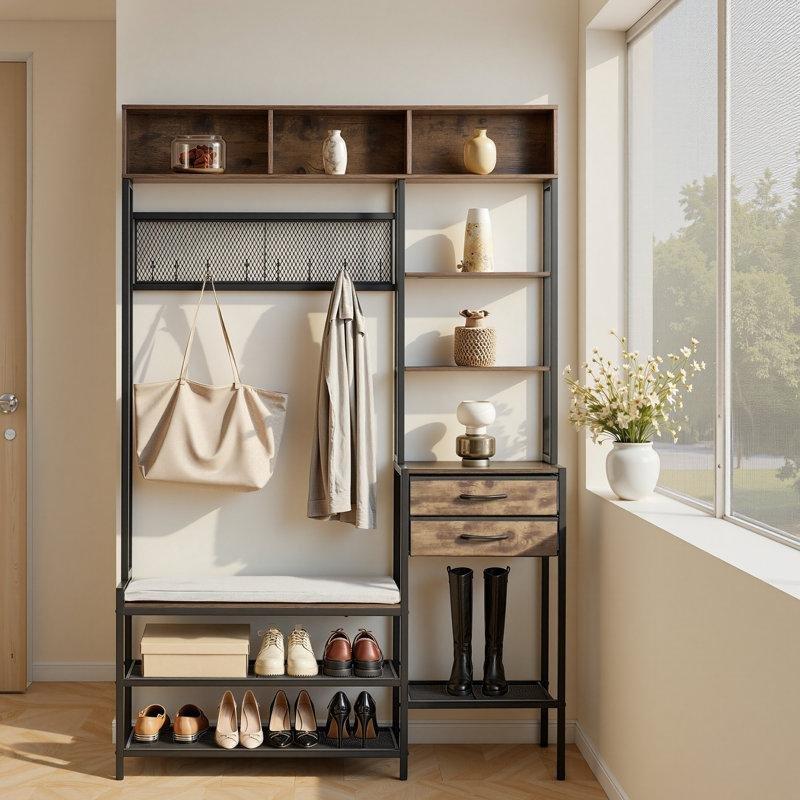 Siyah Kahverengi Metal Ahşap 2 Çekmeceli Oturaklı Raflı Portmanto Vestiyer - 120x40x181 cm - 159628