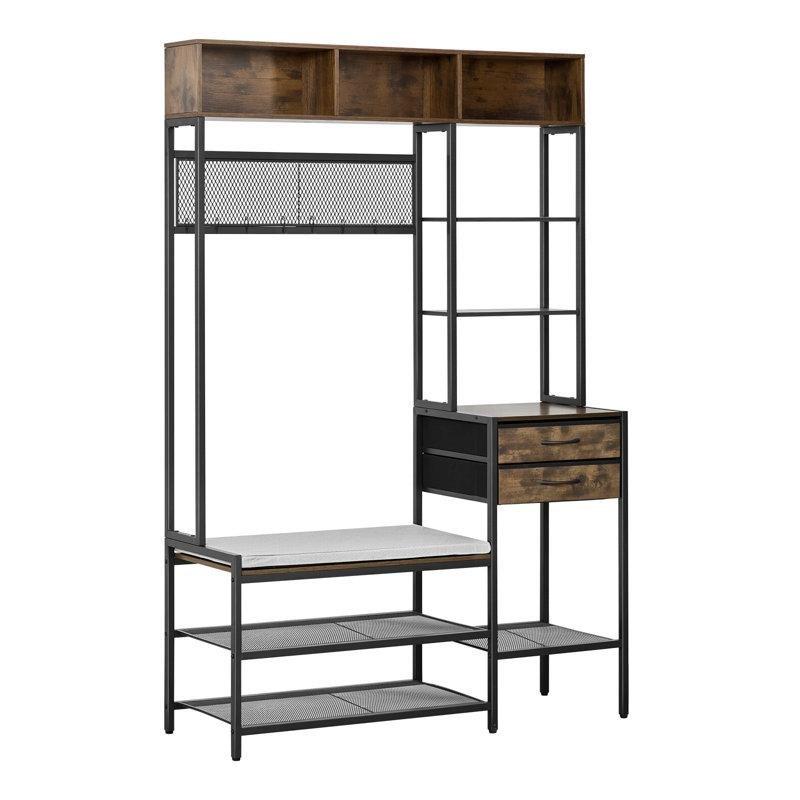 Siyah Kahverengi Metal Ahşap 2 Çekmeceli Oturaklı Raflı Portmanto Vestiyer - 120x40x181 cm - 159628