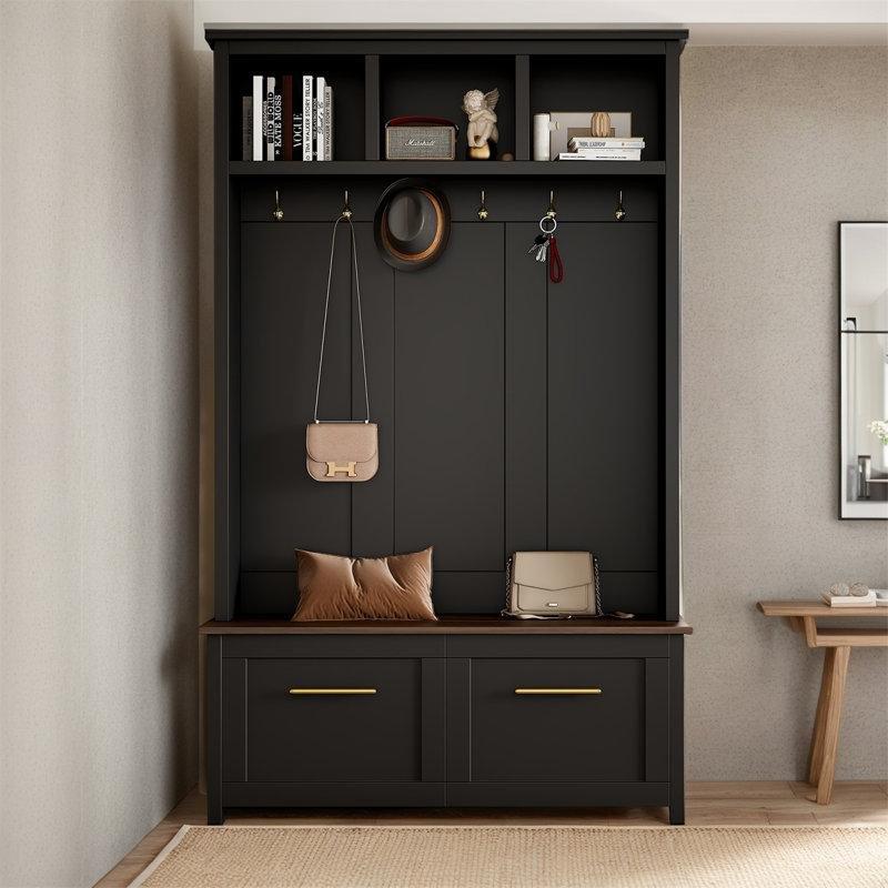 Siyah Kahverengi Suntalam Oturaklı Çekmeceli 6 Askılı Portmanto Vestiyer - 120 cm - 159751