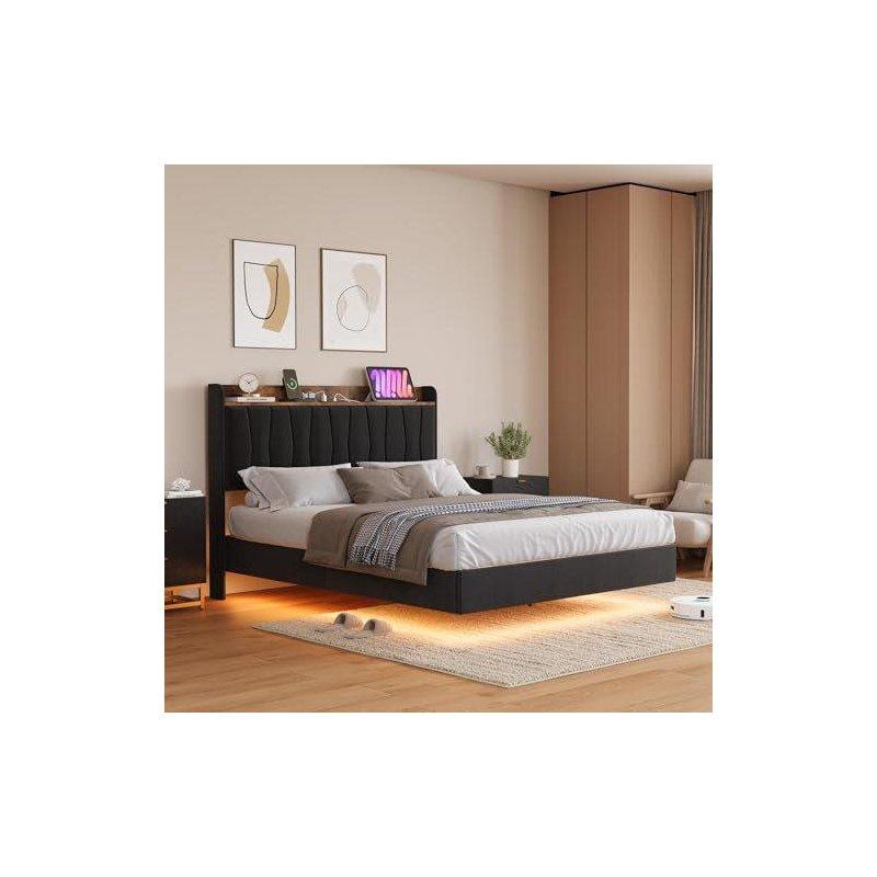 Siyah Keten Dokulu LED Işıklı ve Şarj İstasyonlu Yüzen Tasarım Karyola - 138x201 cm - 142342