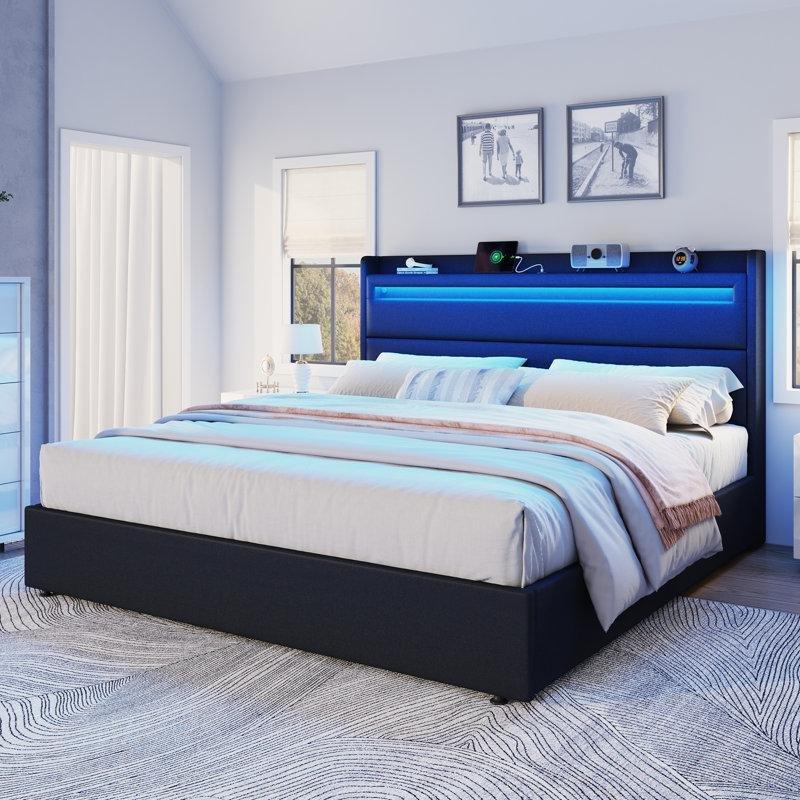 Siyah Keten Döşemeli 4 Çekmeceli LED Aydınlatmalı USB Portlu Akıllı Karyola - 143488