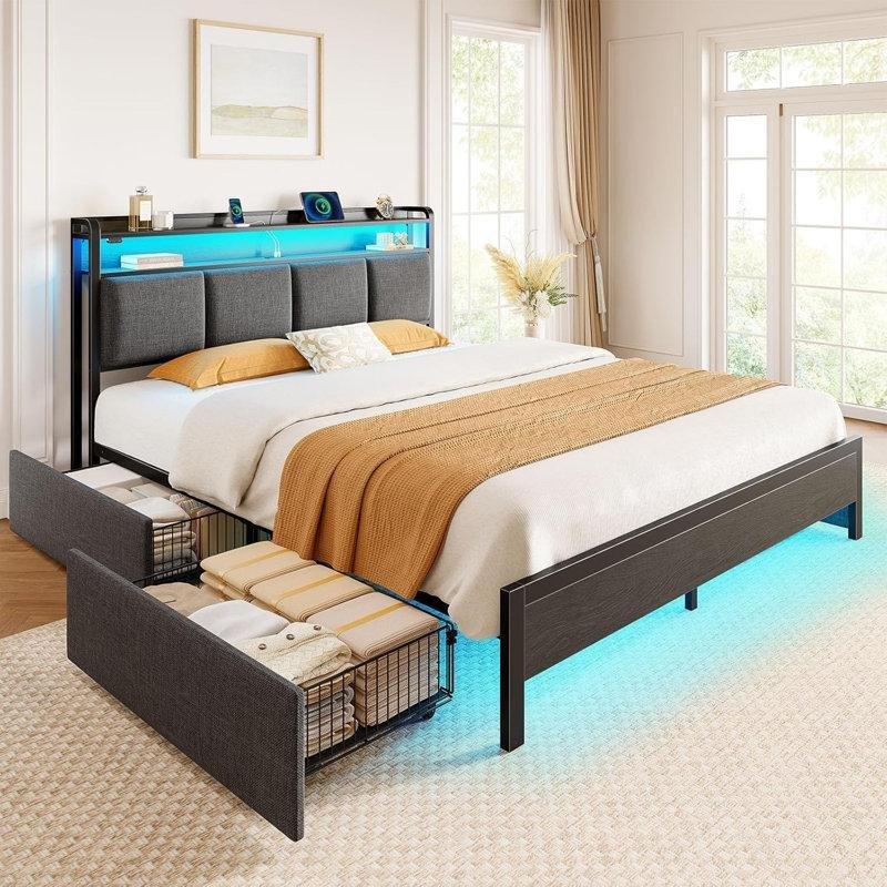 Siyah Keten Döşemeli 4 Çekmeceli RGB Led ve Şarj İstasyonlu Metal Karyola - 139x222 cm - 142156