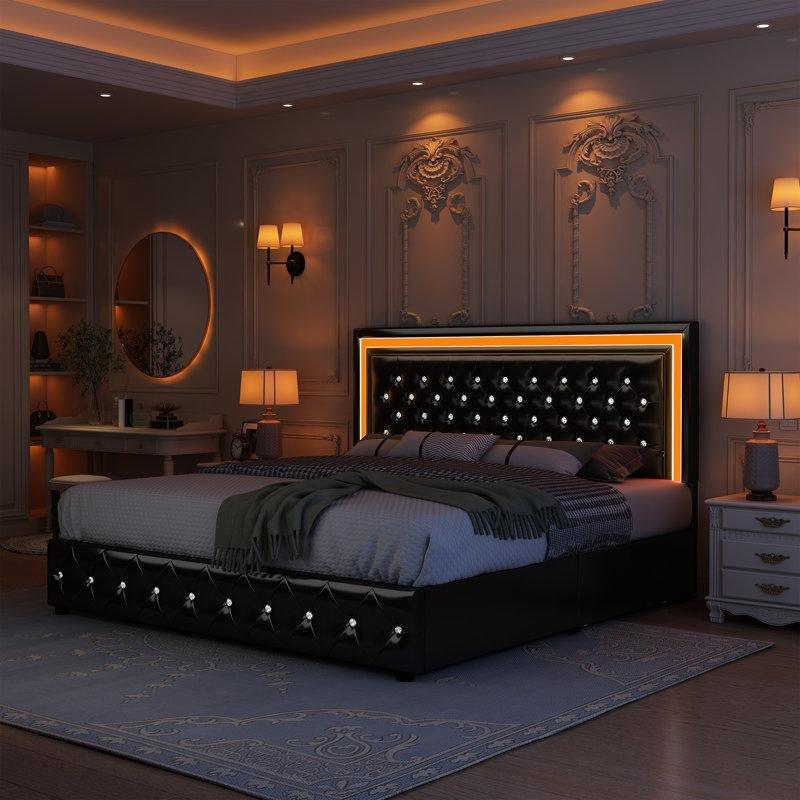 Siyah Kumaş Döşemeli Bluetooth Senkronizasyonlu LED Aydınlatmalı 4 Çekmeceli Karyola - 143392