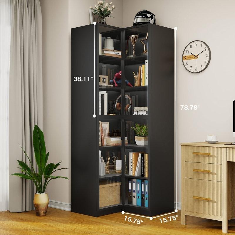 Siyah LED Işıklı 6 Raflı Cam Kapaklı Köşe Vitrin - Gümüşlük - 156802