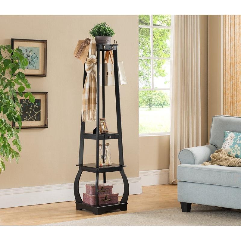 Siyah Masif Ahşap Çekmeceli 3 Raflı 8 Askılı Portmanto Vestiyer - 178x44 cm - 161281