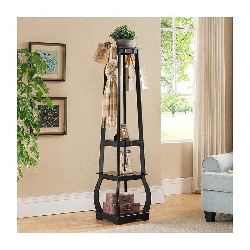 Siyah Masif Ahşap Çekmeceli 3 Raflı 8 Askılı Portmanto Vestiyer - 178x44 cm - 161281