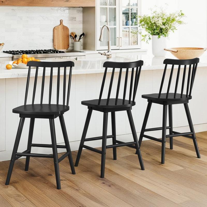 Siyah Masif Ahşap Döner Windsor Sırtlı Bar Sandalyesi - 62 cm (3%27lü Set) - 148836