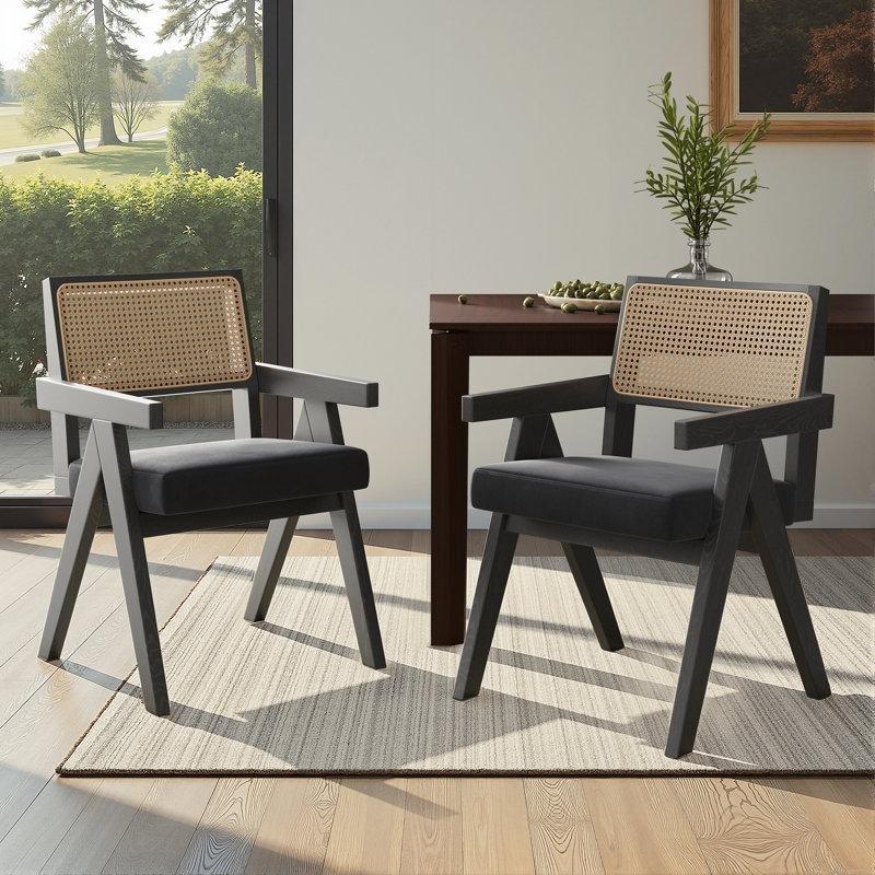 Siyah Masif Ahşap Kolçaklı Döşemeli Rattan Sandalye - 146346
