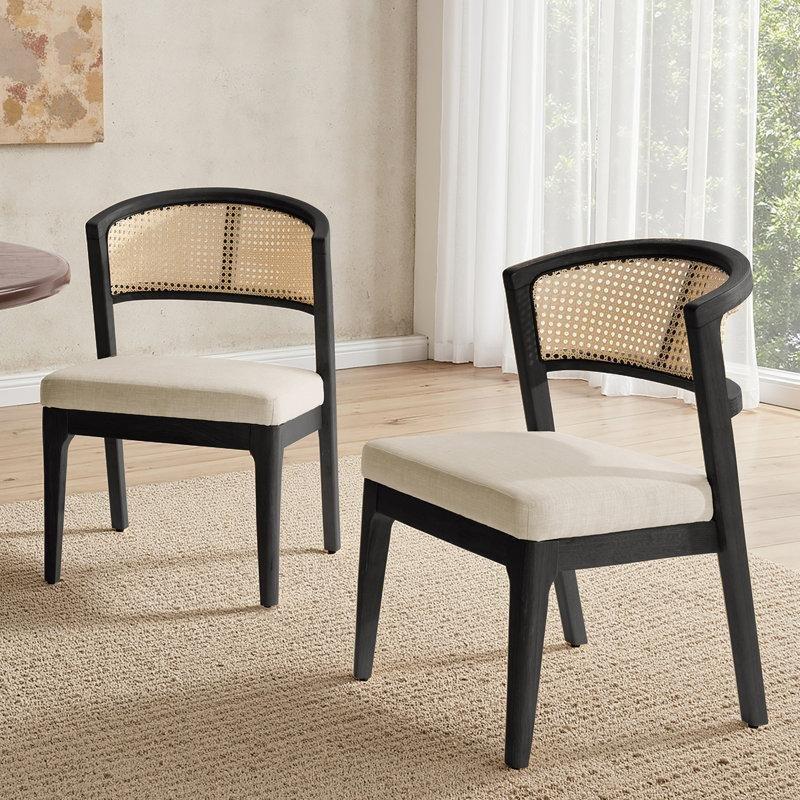 Siyah Masif Ahşap Minderli Fıçı Sırtlıklı 2li Set Rattan Sandalye - 56 cm - 146355