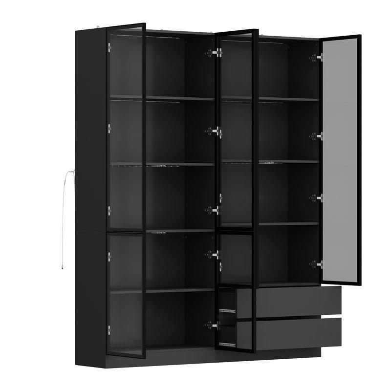 Siyah Masif Ahşap ve MDF LED Işıklı 6 Kapaklı 2 Çekmeceli Vitrin - Gümüşlük - 200x161x37 cm - 156952