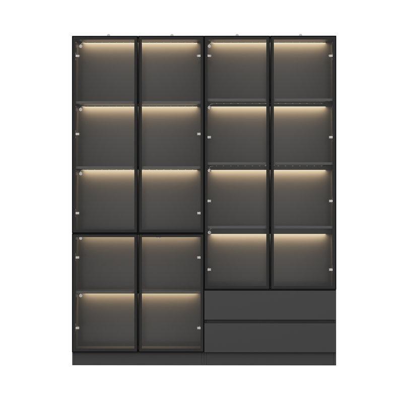 Siyah Masif Ahşap ve MDF LED Işıklı 6 Kapaklı 2 Çekmeceli Vitrin - Gümüşlük - 200x161x37 cm - 156952