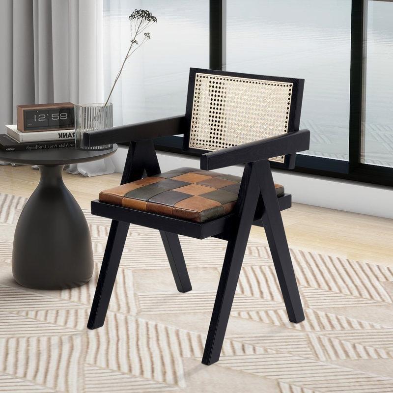 Siyah Masif Dişbudak Gerçek Deri Kolçaklı Rattan Sandalye - 146319