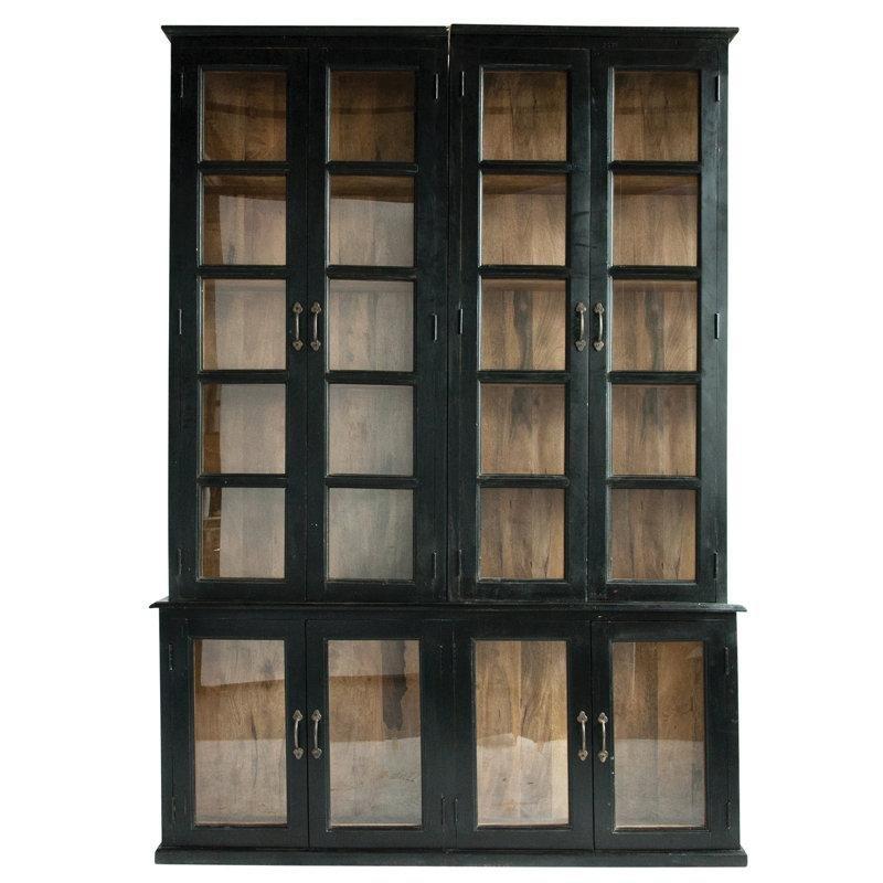 Siyah Masif Mango Ağacı ve Cam 8 Kapaklı 6 Raflı Geometrik Tasarımlı Vitrin - Gümüşlük - 161x28x221 cm - 157261