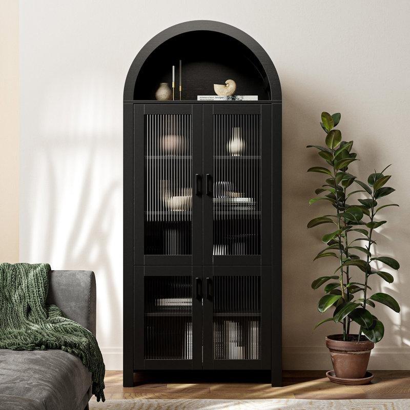 Siyah MDF Kemerli Cam Kapaklı Vitrin - Gümüşlük - 181x78 cm - 157297