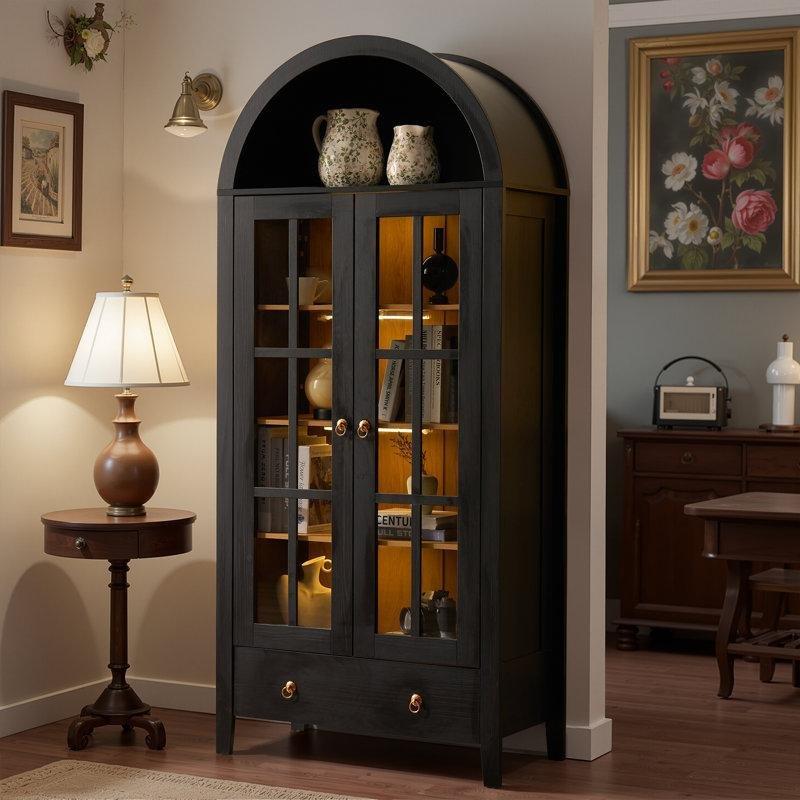 Siyah MDF Kemerli LED Aydınlatmalı Çekmeceli Vitrin - Gümüşlük - 181x81x41 cm - 156904
