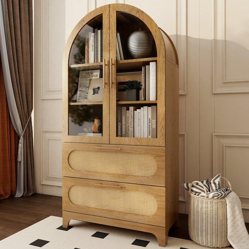 Siyah MDF Kemerli Rattan Kapaklı 3 Raflı Vitrin - Gümüşlük - 161x79 cm - 157354