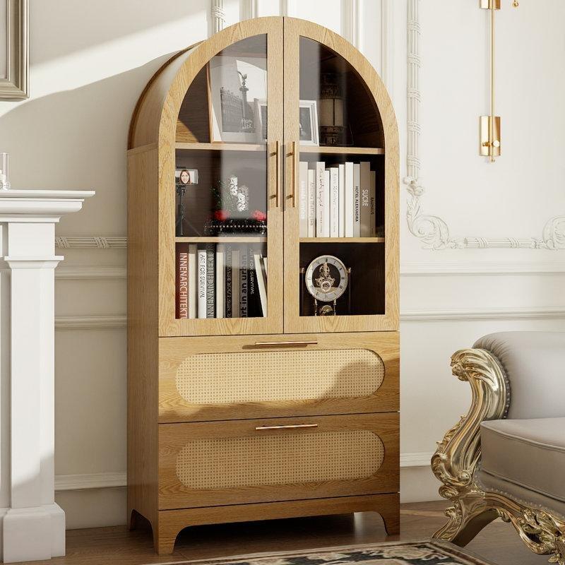 Siyah MDF Kemerli Rattan Kapaklı 3 Raflı Vitrin - Gümüşlük - 161x79 cm - 157354