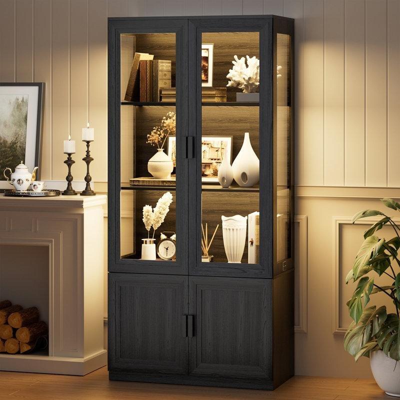 Siyah MDF LED Aydınlatmalı Cam Kapaklı Vitrin - Gümüşlük - 171x81x41 cm - 157231