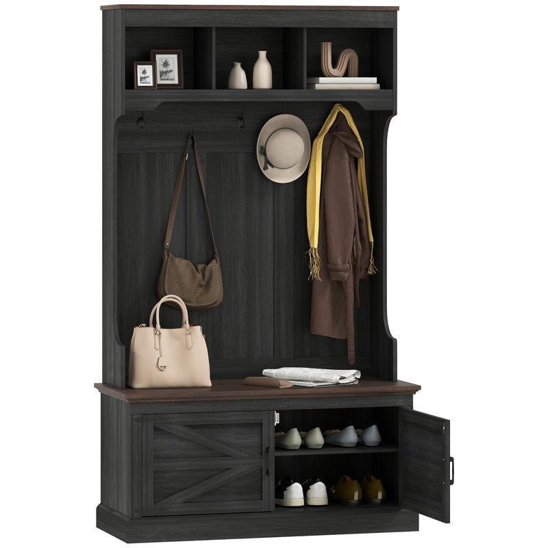 Siyah MDF Oturaklı 5 Askılı Ayakkabılıklı Portmanto Vestiyer - 105x40x180 cm - 159496