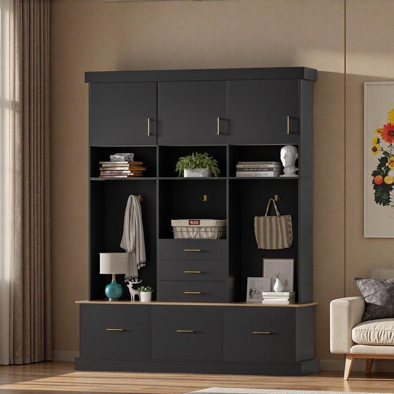 Siyah MDF Oturaklı 6 Çekmeceli 3 Kapaklı Askılı Portmanto Vestiyer - 147 cm - 159694