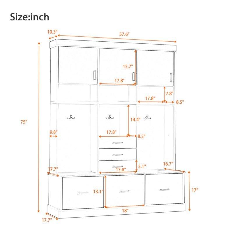 Siyah MDF Oturaklı 6 Çekmeceli 3 Kapaklı Askılı Portmanto Vestiyer - 147 cm - 159694