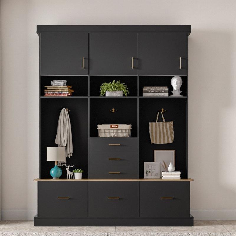 Siyah MDF Oturaklı 6 Çekmeceli 3 Kapaklı Askılı Portmanto Vestiyer - 147 cm - 159694