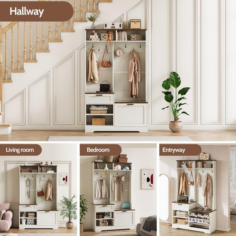 Siyah MDF Oturaklı Çekmeceli 7 Askılı Portmanto Vestiyer - 110 cm - 159652