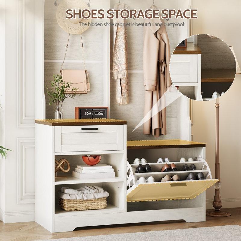 Siyah MDF Oturaklı Çekmeceli 7 Askılı Portmanto Vestiyer - 110 cm - 159652