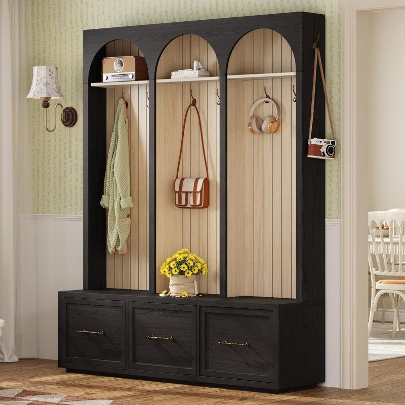 Siyah MDF Oturaklı Çekmeceli Portmanto Vestiyer - 150 cm - 159703