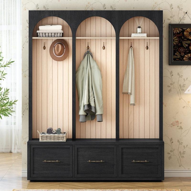 Siyah MDF Oturaklı Çekmeceli Portmanto Vestiyer - 150 cm - 159703
