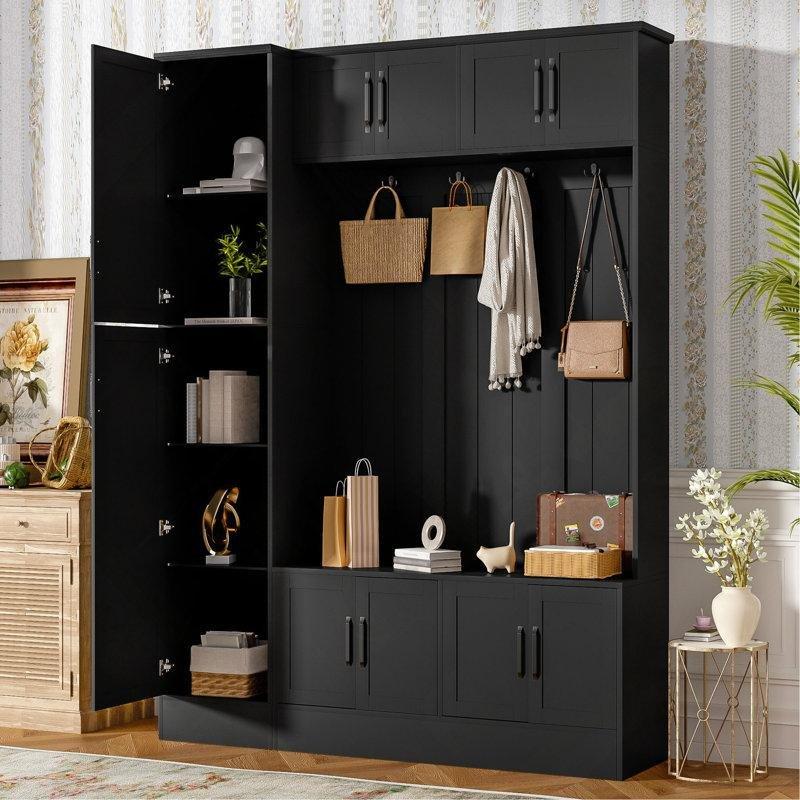 Siyah MDF Oturaklı ve Dolaplı Askılı Portmanto Vestiyer - 150 cm - 159688