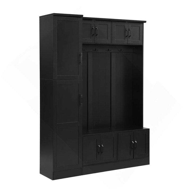 Siyah MDF Oturaklı ve Dolaplı Askılı Portmanto Vestiyer - 150 cm - 159688