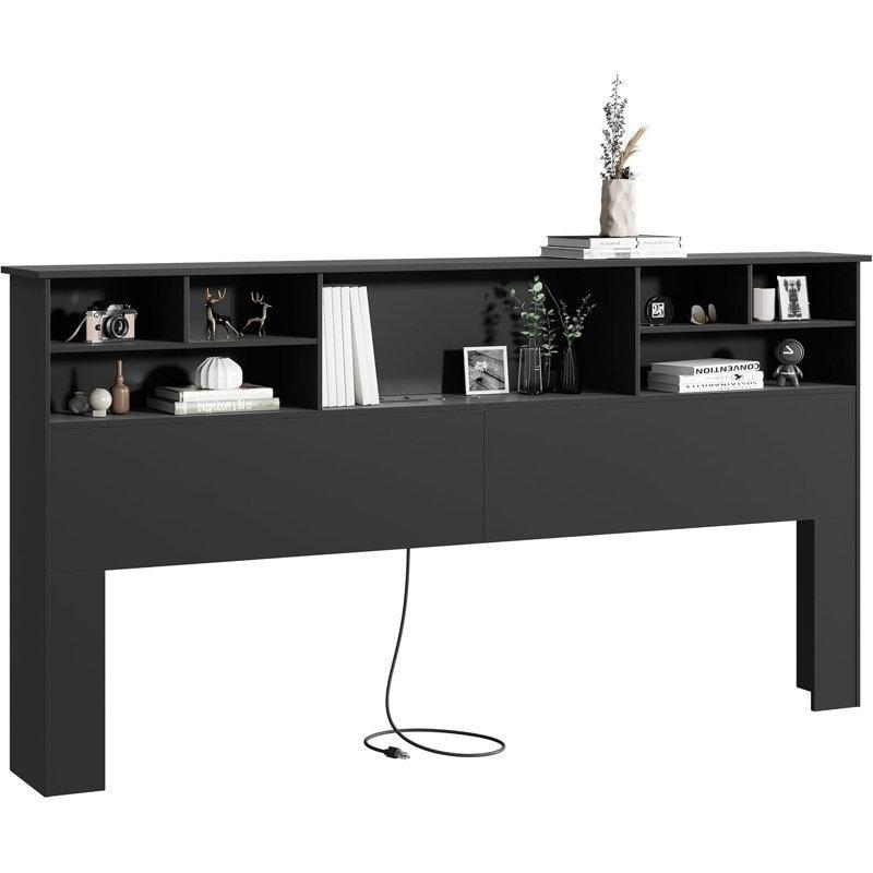 Siyah MDF Raflı LED Işıklı USB Portlu Kitaplıklı Yatak Başlığı - 208 cm - 144771