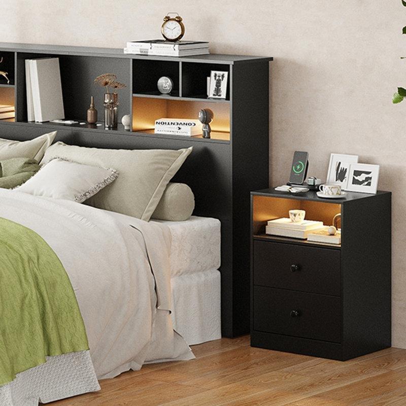 Siyah MDF Raflı LED Işıklı USB Portlu Kitaplıklı Yatak Başlığı - 208 cm - 144771