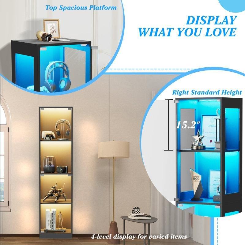 Siyah MDF RGB LED Işıklı 4 Raflı Camlı Oyuncak Dolabı - 161 cm - 150243