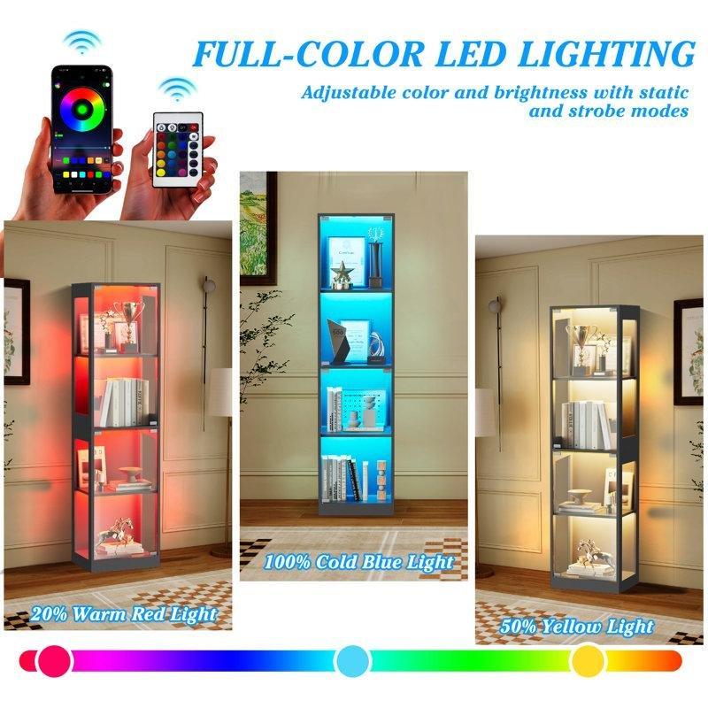 Siyah MDF RGB LED Işıklı 4 Raflı Camlı Oyuncak Dolabı - 161 cm - 150243
