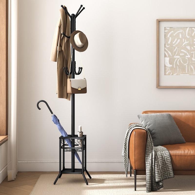 Siyah Metal 12 Kancalı Şemsiyelikli Ayaklı Portmanto - 161404