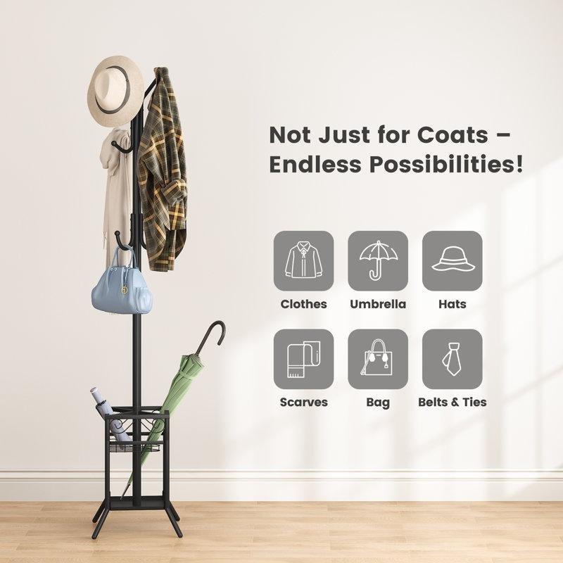 Siyah Metal 12 Kancalı Şemsiyelikli Ayaklı Portmanto - 161404